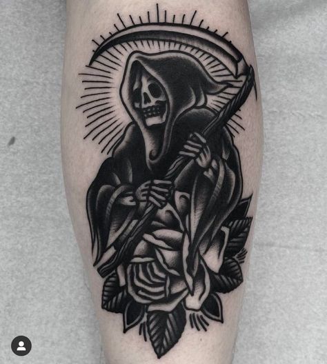 Tattoo Catalog, Grim Reaper Tattoo, Becoming A Tattoo Artist, Traditional Style Tattoo, Reaper Tattoo, Shape Tattoo, Traditional Tattoo Sleeve, Cool Chest Tattoos, Bicep Tattoo