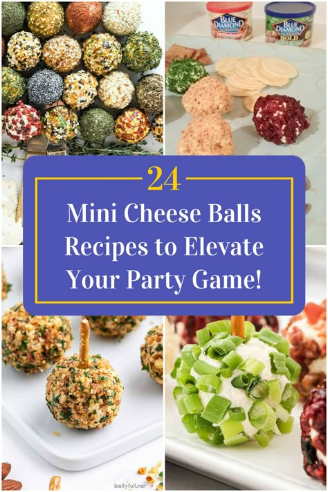 Collage of 4 mini cheese balls recipes. Mini Cheeseball Recipes Appetizers, Christmas Appetizers Mini Cheese Balls, Ball Themed Appetizers, Cheese Ball Truffles, Mini Cream Cheese Balls, Christmas Mini Cheese Balls, Small Cheese Ball Recipes, Ball Shaped Appetizers, Bite Size Cheese Balls