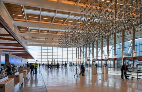 Kansas City International Airport by SOM is officially open Kansas City Airport, Kansas City International Airport, Wooden Canopy, Airport Design, Limestone Wall, Solar Farm, Airports Terminal, Airport City, Kansas City Missouri