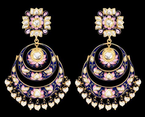 Sunita Shekhawat Chand Balas earrings with pink and blue enamel. Sunitas very refined enamelwork sets her apart. Vilandi Jewellery, Sunita Shekhawat Jewellery, Rajasthan Jewellery, Sunita Shekhawat, Traditional Indian Jewellery, Colorful Stones, Chandbali Earrings, Traditional Jewellery, Polki Jewellery