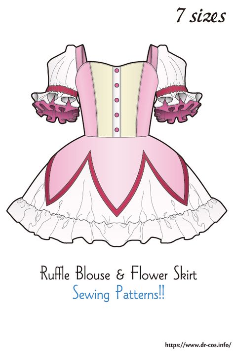 This is the pattern of Ruffle Blouse & Flower Skirt. cm size(A4 size) Children's-140/Ladies'-S,M,L,LL/Men's-L,LL At present, only Japanese. Added the number of fabric meters required for each size Steampunk Sewing Patterns, Cosplay Pattern Free Sewing, Free Sewing Patterns Pdf, Free Cosplay Patterns, Cosplay Sewing Patterns Free, Japanese Sewing Patterns Free, Sewing Skirts Patterns, Sew Ruffles, Cosplay Sewing Patterns