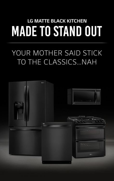 Black Kitchen Black Appliances, All Black Appliances Kitchen, Lg Black Stainless Steel Appliances, Black Zline Appliances, Zline Kitchen Appliances Black, Black Appliance Kitchen Ideas, Lg Appliances Kitchens, Matte Black Appliances Kitchen, Black Stainless Appliances Kitchen