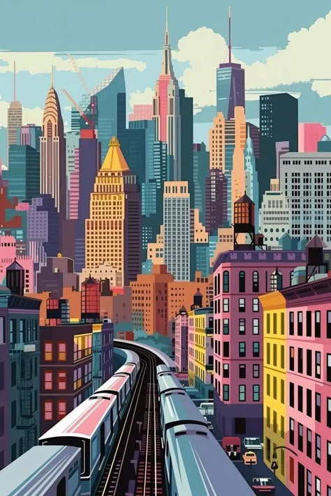 🎨💎Travel Wall Art with Midjourney Prompts - Click on the Link in my Bio🎉🔗 Nyc Illustration Art, Big City Illustration, New York City Illustration, Nyc Illustration, Drawing City, New York Illustration, Art Prints Aesthetic, Book Boxes, City Scapes