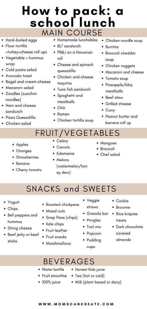 A list of ideas for packing a school lunch for your child. a list of main course ideas, fruits and vegetables, snacks and sweets, and lastly beverage ideas. Ideas For School Lunches, Quick School Lunches, Lunch Ideas Kids, Kids Lunch Ideas, Kids Lunch Box Meals, Lunch Easy, Easy School Lunches, School Routine For Teens, School Lunch Recipes