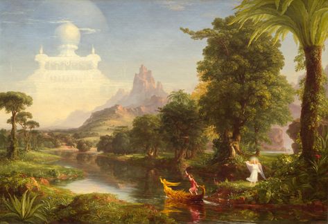 thomas cole, 1842 | oil on canvas | 134.3x194.9 | despite the huge success of his american views cole could never rid himself of the old belief in the supremacy of content in art | his four-part series the voyage of life, for example, traces the journey of an intrepid hero along the river of life, reaching his apotheosis as his battered vessel comes to rest in the sea | national gallery of art, washington dc