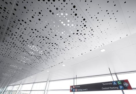 Logan International Airport  United States  Boston, MA    PRODUCTS FEATURED IN THIS IMAGE    METALWORKS RH200 Flat and Curved Systems Elegant Ceiling Design, Perforated Ceiling, Classic Ceiling Design, Ceiling Lighting Ideas, Interior Lighting Ideas, Ceiling Solutions, Perforated Steel, Armstrong Ceiling, Building Facades