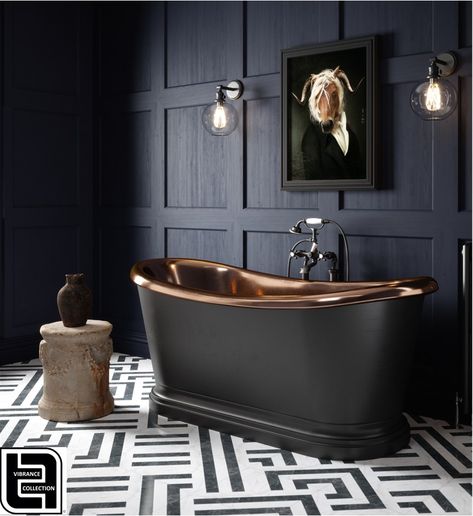 Copper and Vanto Black Bath Tub-Handcrafted from 100% Natural Copper. Artisans have been hammering baths into shape for almost 300 years. These baths are unique and manufactured in the traditional methods. Tub Bathroom Ideas, Small Bathroom Renos, Black Tub, Bedroom With Bath, Copper Bath, Loft Bathroom, Floating Shelves Bathroom, Copper Bathroom, Washbasin Design