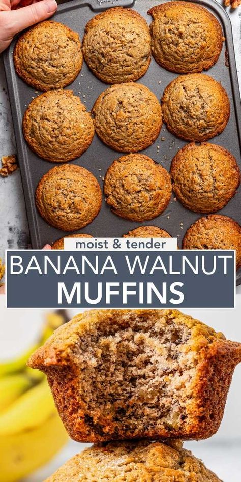 Meet your new favorite grab and go breakfast or snack. These banana walnut muffins are moist, tender, loaded with real banana flavor and a smattering of walnuts, and are topped with raw cane sugar. Best Banana Recipes, Walnut Breakfast, Diethood Recipes, Justine Doiron, Banana Walnut Muffins, Walnut Muffins, Best Comfort Food Recipes, Raw Banana, Banana Muffin Recipe