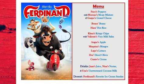 Disney Themed Dinner Ideas, Disney Themed Dinner, Themed Dinner Ideas, Ferdinand Movie, Movie Foods, Disney Nights, Movie Meals, Themed Dinners Ideas, Theme Dinners