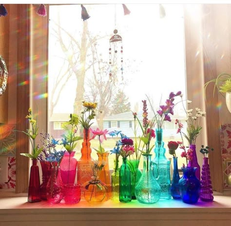 Rainbow Glassware, Glassware Display, Rainbow Bedroom, Colored Glass Vases, Colored Glass Bottles, Soda Ash, Vase Display, Bedroom Aesthetics, Colored Vases