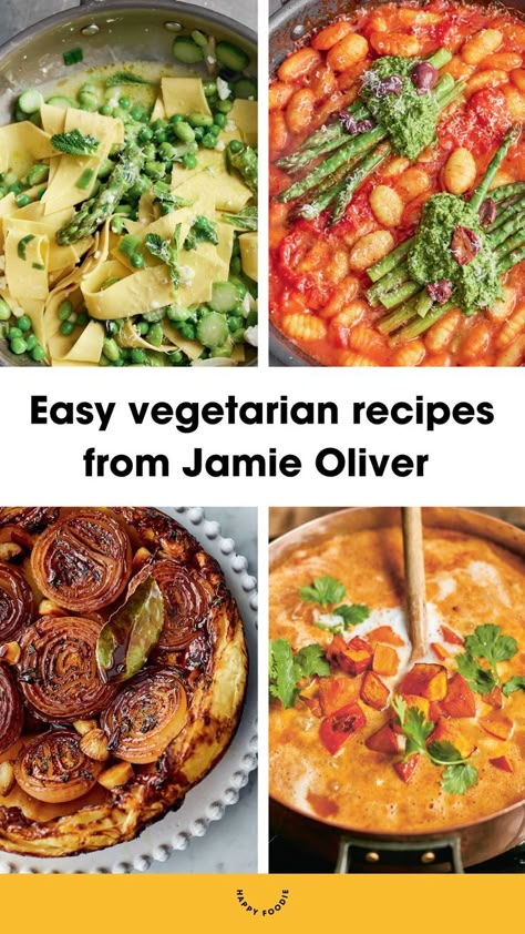 A collection of images of Jamie Oliver's vegetarian recipes, including a spring greens vegetable pasta, tomato gnocchi, onion tart and butternut soup. Jamie Oliver Vegetarian, Jamie Oliver Healthy Recipes, Easy Veggie Recipes, 2 Minute Noodles, Plant Meals, Fiber Fueled, Jamie Oliver 5 Ingredients, 5 Ingredient Meals, Vegetarian Dinner Party