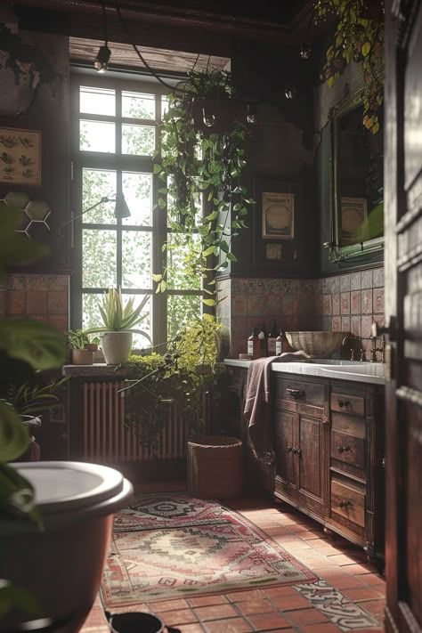 Cottage Master Bath Ideas, Practical Magic Bathroom, Dark Forest Bathroom, Vintage Aesthetic Home Decor, Forest Bathroom Theme, Dark Boho Bathroom, Moody Vintage Bathroom, Vintage House Aesthetic, Old Style Bathroom