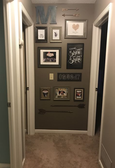 End of hallway wedding picture collage. End Of Hallway Picture Wall, How To Decorate The End Of A Hallway, Mixtiles Hallway, End Of The Hallway Ideas, Picture Hallway Ideas, End Hallway Decor, End Of The Hallway Decor, Corner Wall Gallery, Picture Wall Ideas Hallway