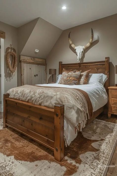 Modern Western Bedroom: Blending Timeless Charm with Contemporary Comfort - Puqqu Western Style Bedroom, Modern Western Bedroom, Western Bedroom Ideas, Western Room Ideas, Cowgirl Bedroom, Western House, Country Room, Western Bedrooms, Carnival Photography