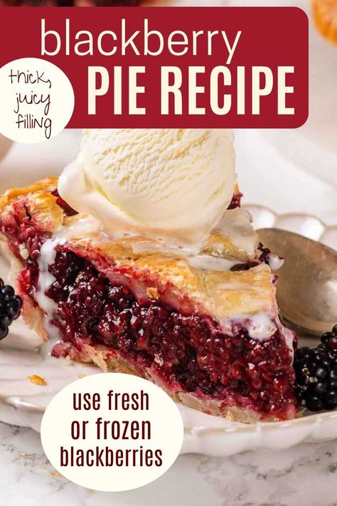 A Blackberry Pie filled with juicy, thick blackberry filling. Baked in a flakey butter pie crust, this thick filling has a hint of lemon! Sliceable pie made with fresh or frozen blackberries! At home at a Summer picnic, a garden party or even Thanksgiving! Use frozen berries and a store-bought pie crust for an easy treat! Serve with a scoop of vanilla ice cream this holiday! Crisco Pie Crust, Blackberry Pie Recipe, Blackberry Filling, Pie Crust Uses, Best Pie Recipes, How To Freeze Blackberries, Butter Pie Crust, Pie From Scratch, Blackberry Pie