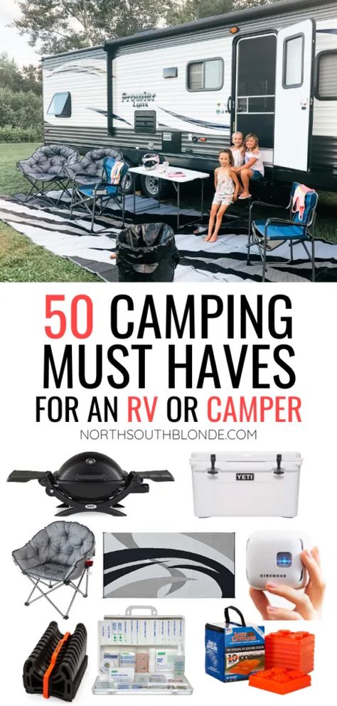 An extensive list of everything you'll need, gear, and necessities for setup and camping in an RV trailer or camper with the family. Camping With Kids | Family Travel | RV Trailer | RV Setup | Camping Trailer | Camper | Family Camping | Camping List | RVing With Kids | Rv Must Haves, Camping Necessities, Travel Trailer Living, Mb Sprinter, Camping Must Haves, Rv Camping Tips, Camper Hacks, Camper Organization, Rv Organization