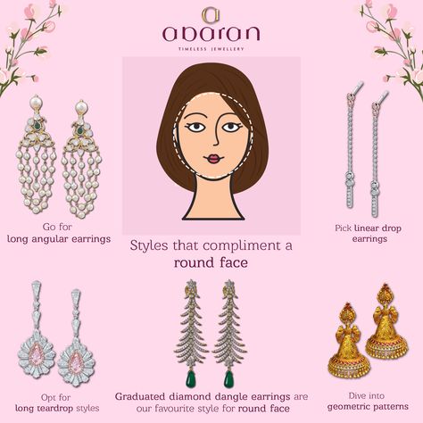 To balance a round face, longer, dangling earrings make a great choice. Avoid round shaped earrings or styles that feature perfect circles. Jewellery For Round Face, Round Face Jewelry, Earrings For Round Face Shape, Earrings For Round Face, Round Face Earrings, Mexican Girl Aesthetic, Inverted Triangle Fashion, Rectangle Body Shape Outfits, Circle Face