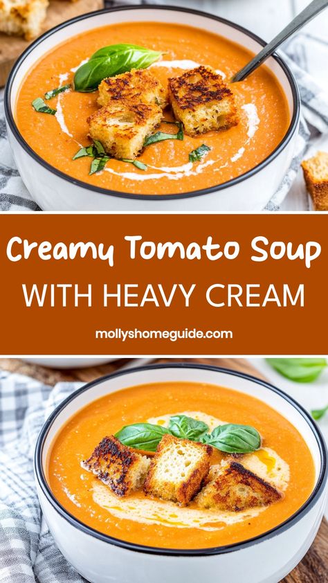 Indulge in the rich and creamy flavors of homemade tomato soup with heavy cream. This classic comfort dish is perfect for cozy nights or as a starter to any meal. Elevate your taste buds with this velvety smooth soup that will warm you from the inside out. Discover how simple ingredients like fresh tomatoes, onions, and a generous splash of heavy cream can create a bowl of pure perfection. How To Make Creamy Tomato Soup, Creamy Cheesy Tomato Soup, Creamy Tomato Basil Soup Fresh Tomatoes, Cream Of Tomatoes Soup, Fresh Homemade Tomato Soup, Tomato Soup With Heavy Cream, Homemade Creamy Tomato Soup With Fresh Tomatoes, Creamy Parmesan Tomato Soup, Using Heavy Cream Recipes