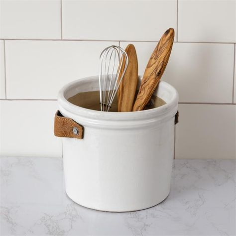 White Pottery Crock With Leather Handles | A Cottage in the City Farmhouse Utensil Holder, Kitchen Utensil Crock, Farmhouse Tabletop, Ceramic Crock, Farmhouse Stools, Vintage Inspired Home, Wooden Display Stand, Vintage Farmhouse Style, Rural Living