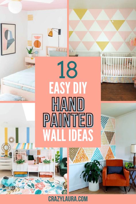 These DIY hand painted walls won't just add character to your wall but are also a great way to be creative during your free time. #DIY #InteriorDesign #HomeDecor Ideas For Painting Walls Bedrooms, Painting Ideas For Bedroom Walls Diy Art, Wall Patterns With Paint Bedroom, Wall Painting Ideas Freehand, Trendy Wall Mural, Paint Playroom Wall, Playroom Feature Wall Paint, Diy Geometric Wall Art Paint, Hand Painted Wall Designs Bedrooms