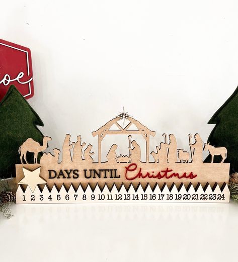 Freestanding Christmas Nativity Countdown Advent Calendar Laser Cut Digital File | Cute Wood Nativity Christmas Decor SVG | Glowforge Wooden Christmas Advent Calendar, Laser Advent Calendar, Laser Cut Nativity Scene, Laser Cut Advent Calendar, Diy Christmas Nativity, Cute Advent Calendar, Nativity Christmas Decor, Advent Calendar Wooden, Jesus Christmas Decorations