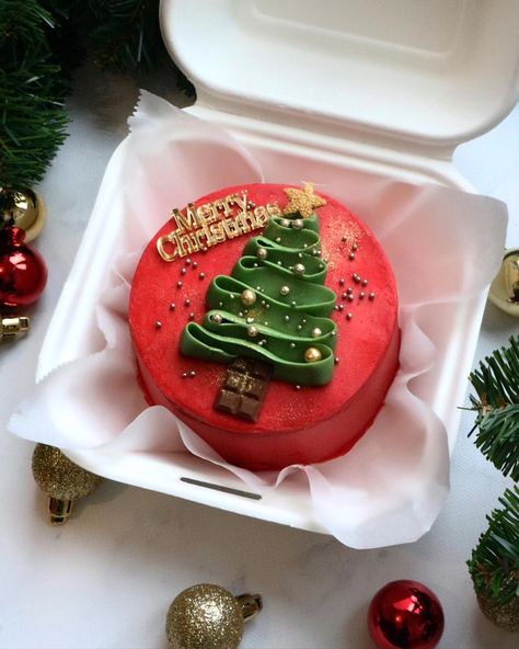 Christmas Simple Cake Designs, Bento Christmas Cake Design, Christmas Cake Simple Design, Mini Cake Christmas Decoration, Bento Cake For Christmas, Xmas Cake Ideas Simple, Christmas Mini Cake Designs, Christmas Bento Cake With Cupcakes, Bento Cakes Christmas