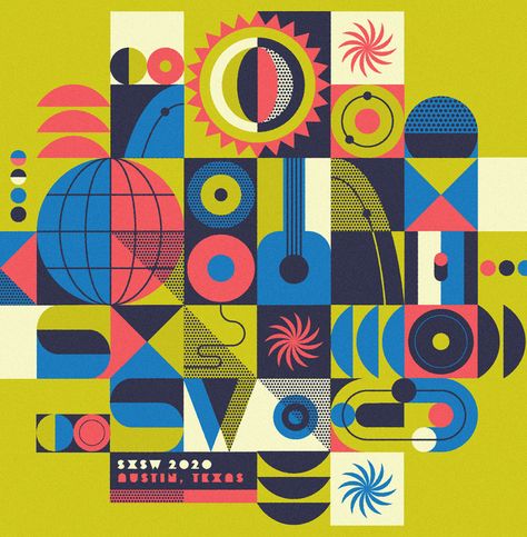 SXSW 2020 Art on Behance Sxsw Poster, Mid Century Modern Poster, South By Southwest, Fao Schwarz, Elements And Principles, Abstract Collage, Sampler Quilts, Canva Element, Ancient Designs