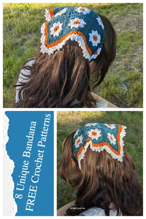 8 Bandana FREE Crochet Patterns Crochet Headscarf Pattern, Hair Scarf Crochet Pattern Free, Head Scarf Crochet Pattern Free, Crochet Hair Scarf Pattern, Head Scarf Crochet, Crochet Boho Head Scarf Pattern Free, Crochet Head Covering, Crochet Lace Bandana Pattern Free, Crochet Head Scarf Pattern