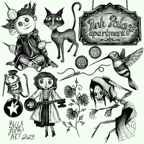 Some coraline flash i designed. Follow my IG Coraline Tattoo Flash Sheet, Coraline Bug Tattoo, Coraline Flash Sheet, The Other Mother Tattoo, Wybie Coraline Tattoo, Wybie Coraline Drawing, Coraline House Tattoo, Coraline Tattoo Design, Coraline And Wybie Tattoo