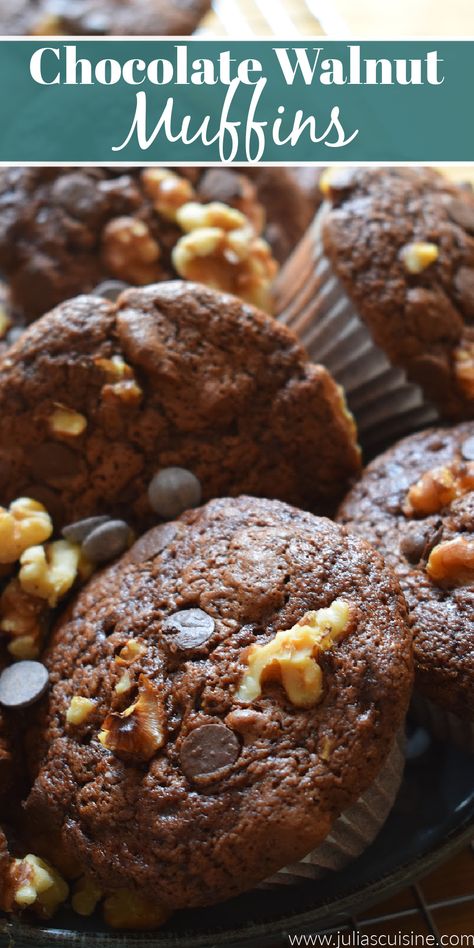 Chocolate Walnut Muffins Walnut Muffins Recipes, Chocolate Muffin Tops, Oatmeal Walnut Muffins, Chocolate Walnut Muffins, Walnut Chocolate Chip Muffins, Super Moist Chocolate Muffins, Moist Muffin Recipes Chocolate Chips, Espresso Chocolate Chip Muffins, Apple Walnut Muffins