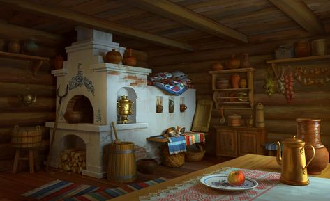 Izba Russian House, Russian Design Interior, Russian Kitchen Design, Traditional Russian House, Old Russian Aesthetic, Russian Mountains, Russian Izba, Slavic House, Russian Cottage