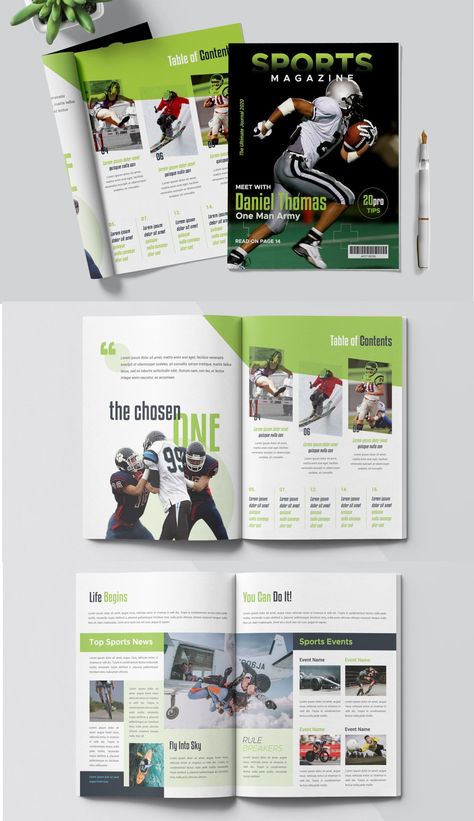 Sport Magazine Template. Compatible with: Adobe Photoshop. File Size: 26.33 MB. Dimensions: 8.5 x 11 in. DPI: 300. Layered Magazine Sport Design, Sport Layout Design, Sport Magazine Design, Sport Magazine Layout, Sports Magazine Layout, Sports Portfolio, Sports Magazine Cover, Sport Magazine Cover, Sports Brochure