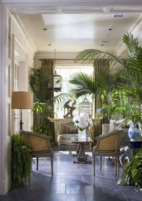 Victorian Sunroom, West Indies Decor, Tropical Decor Living Room, Tropical British Colonial, Victorian Conservatory, Tropical Living Room, West Indies Style, Traditional Porch, Lots Of Plants