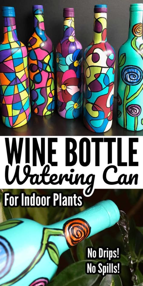 Watering Indoor Plants, Adult Craft Ideas, Craft Projects For Adults, Arts And Crafts For Adults, Painted Bottles, Projects For Adults, Painted Wine Bottles, Acrylic Craft Paint, Diy Bottle Crafts