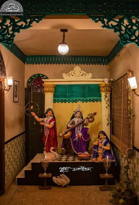 Saraswati Pandal Decoration, Saraswati Puja Decoration, Devi Murti, Varalaxmi Pooja Decoration, Gauri Decoration, Ma Saraswati, Ma Lakshmi, Maa Paintings, Pooja Decoration Ideas