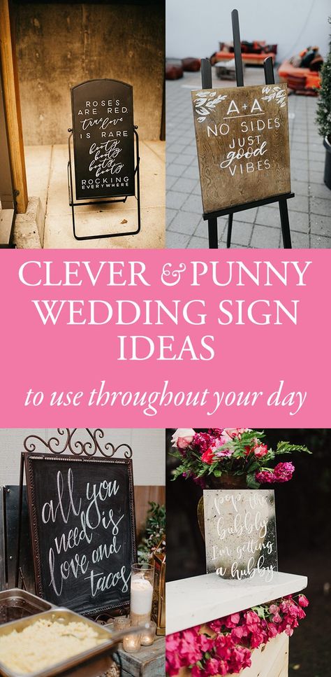 On the blog: Clever & Punny Wedding Sign Ideas for Every Part of Your Day Funny Signage, Wedding Sign Ideas, Backyard Wedding Ceremony, Wedding Chalkboard Signs, Beautiful Wedding Reception, Wedding Ceremony Signs, Signage Ideas, Wedding Signs Diy, Wedding Reception Signs