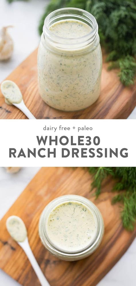 This Whole30 ranch dressing recipe is creamy, garlicky, and loaded with fresh herbs. This "dump ranch" dressing is definitely the best Whole30 ranch dressing you'll ever taste and beyond quick and easy, too. It's dairy free, paleo, healthy, and made with olive oil, avocado oil, or coconut oil (and plenty of garlic and herbs!). #whole30 #dairyfree Whole30 Ranch, Dump Ranch, Paleo Ranch Dressing, Dairy Free Ranch Dressing, Dairy Free Bread, 30 Diet, Dairy Free Snacks, Ranch Dressing Recipe, Dairy Free Breakfasts