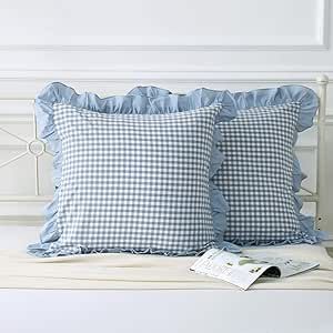 Mywinlle Dusty Blue Plaid Ruffle Throw Pillow Covers for Couch 20"x20",2 Pack Vintage Checkered Washed Cotton Pillow Cases for Bed, Sofa, Living Room French Country Bed, Blue Plaid Pillows, Gingham Kitchen, Cottagecore Bedroom Ideas, Checkered Pillow, Room Romantic, Kitchen Dark, King Size Pillow Shams, Bed Pillow Covers