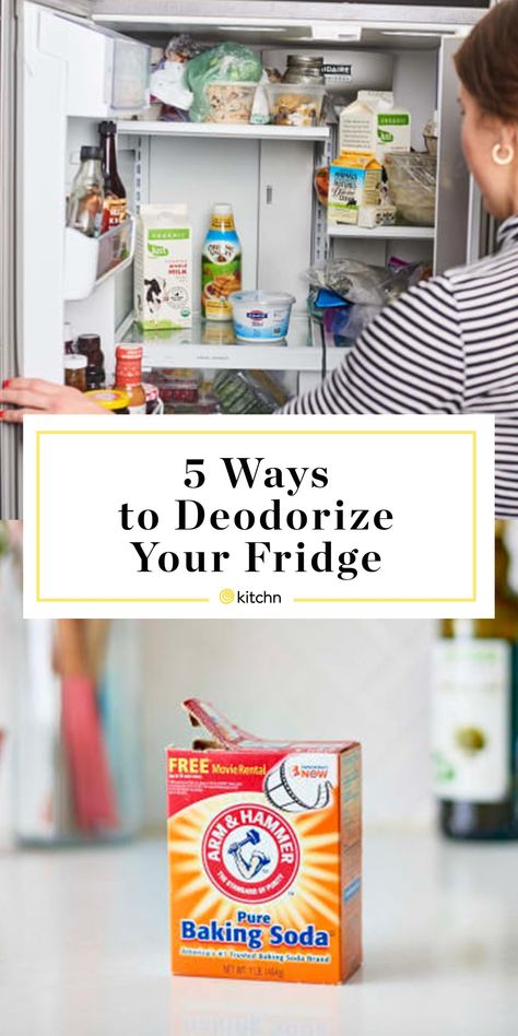 If your refrigerator smells, you don’t have to do a big fridge clean-out, but you do need to deodorize it. Luckily, it’s easy to do with items you already have on hand. Here are five things you can use: baking soda, vanilla, coffee grounds, lemon, or oats. Baking Soda Fridge Deodorizer, Fridge Deodorizer Diy, Fridge Freshener, Fridge Odor Eliminator, Odor Remedies, Fridge Smells, Big Fridge, Fridge Deodorizer, Rotten Food