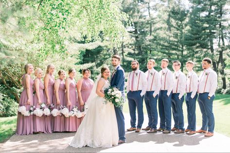 Groom Converse Outfit, Navy And Pink Wedding Party, Groomsmen Attire Blush Pink, Groomsmen Pink Attire, Blue And Pink Bridal Party, Light Pink Bridal Party, Mauve Bridesmaid Dress With Groomsmen, Mauve Groomsmen Attire, Mauve Wedding Party