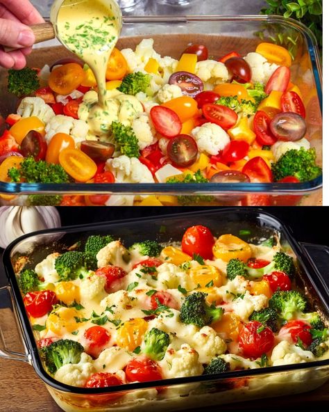 This hearty and creamy vegetable casserole is a blend of tender broccoli, cauliflower, and sautéed vegetables topped with a rich, cheesy egg mixture. Paired with a tangy garlic dill sauce, it’s a satisfying dish perfect for any meal. Whether served as a main dish or a side, this casserole is packed with flavor, nutrition, and comfort. Preparation Time Prep Time: 20 minutes Cook Time: 40 minutes Total Time: 1 hour Ingredients For the Casserole 1 medium cauliflower (approx. 3 cups, 300g), cut into Recipes With Broccoli And Cauliflower, California Blend Vegetable Casserole, Low Calorie Vegetable Recipes, Creamy Vegetable Casserole, Garlic Dill Sauce, Vegetable Roasting Times, Broccoli Cauliflower Bake, Vege Dishes, Veggie Casserole Healthy