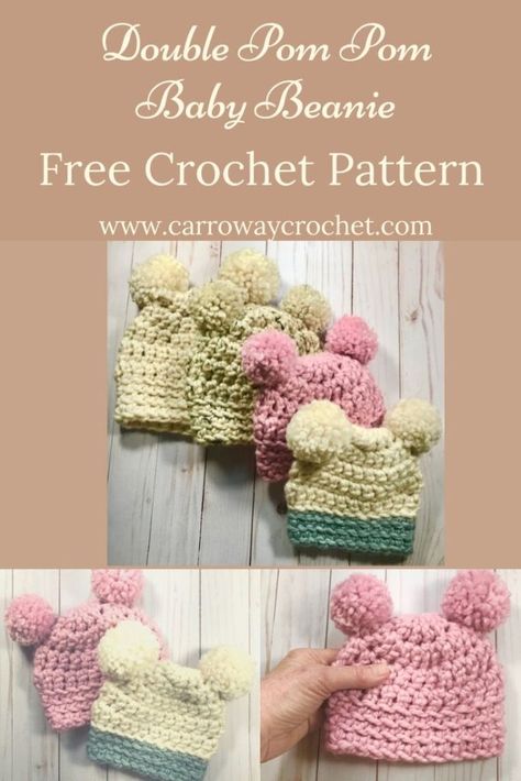 in Baby Beanie Crochet Pattern, Crochet Baby Hats Free Pattern, Baby Hat Free Pattern, Crochet Baby Cap, Crochet Caps, Crochet Newborn Hat, Rainbow Craft, Pom Pom Baby, Newborn Crochet Patterns