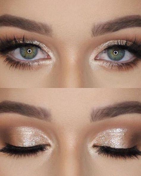 Bridal Makeup Glitter Eyes, Makeup Looks For Gray Dress, Champagne Makeup Look Blue Eyes, Champagne Eye Makeup Wedding, Shimmery Bridal Makeup, Champagne Prom Makeup, Gray Dress Makeup Look, Colorful Bridal Makeup, Sparkly Bridal Makeup