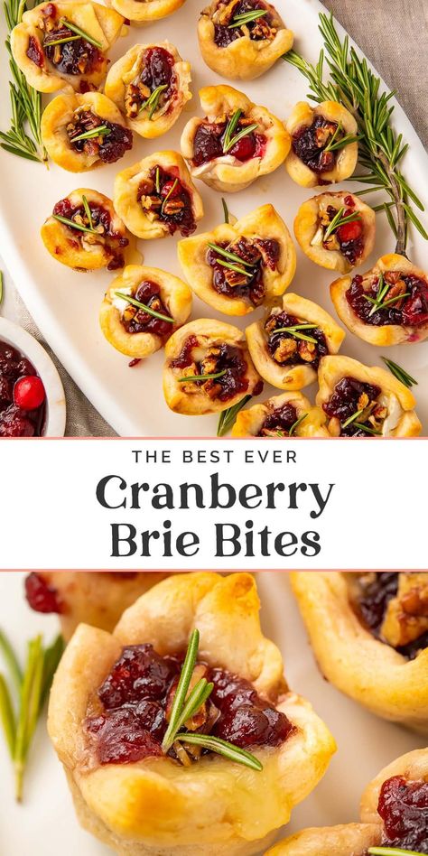 These cranberry brie bites are the best ever! Melty brie topped with sweet-tart cranberry sauce baked in buttery crescent dough or puff pastry, all topped with a drizzle of honey and optional toasted pecans. This appetizer is a favorite at every holiday get-together, and they're always gone in minutes! Brie Cranberry Appetizer, Cranberry Pecan Brie, Brie Bites Puff Pastry, Cranberry Topping, Pecan Brie, Cranberry Appetizer, Christmas Party Appetizers, Cranberry Bites, Cranberry Brie Bites