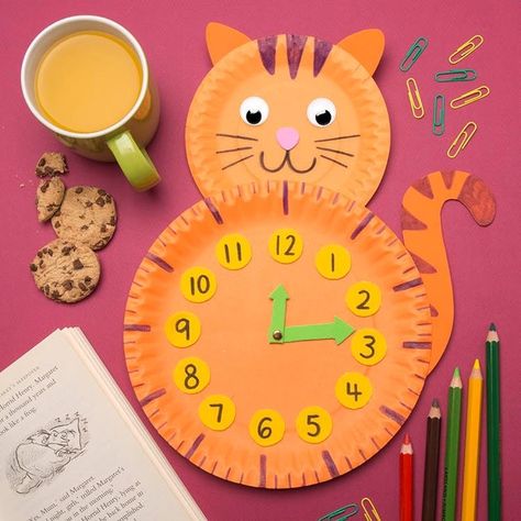 Paper Plate Clock, Paper Plate Cat, Clocks Diy Crafts, Paper Clock, Clock Craft, Recycled Crafts Kids, Paper Plate Crafts For Kids, Cat Clock, Clock For Kids