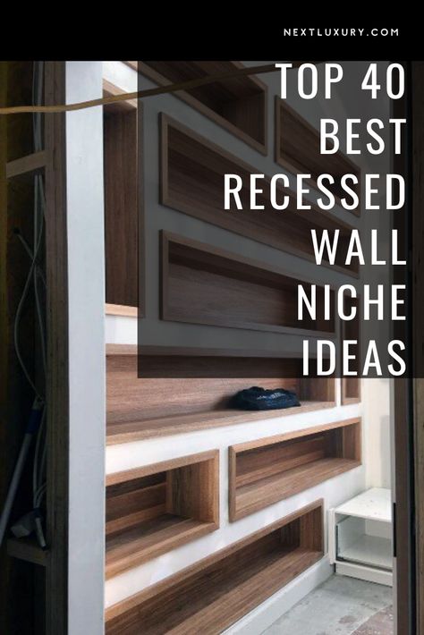 Recessed Area In Living Room, Ideas For Wall Niches, Niche In Kitchen Wall, Wall Niche Diy Recessed Shelves, Staircase Niche Ideas, Recess Shelves Living Room, Niche Storage Ideas, Recessed Wall Ideas Living Room, Wall Niche Next To Fireplace