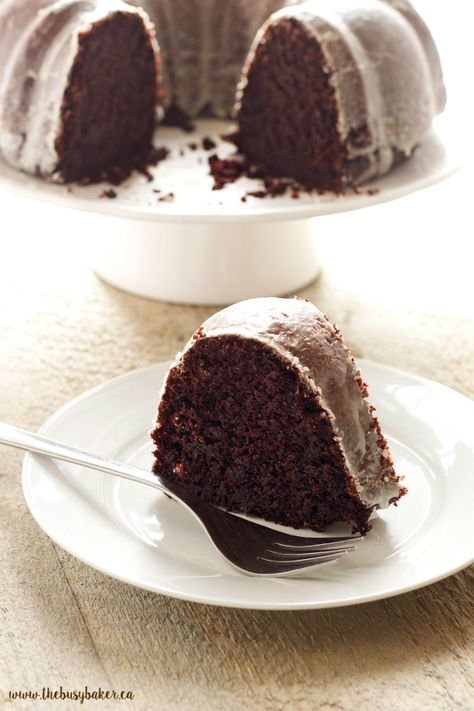 Glazed Chocolate Donut Bundt Cake www.thebusybaker.ca                                                                                                                                                                                 More Chocolate Cake With Glaze, Donut Bundt Cake, Bundt Cake Ideas, Chocolate Greek Yogurt, Easy Bundt Cake, Easy Donuts, Chocolate Donut, Chocolate Bundt, Chocolate Bundt Cake