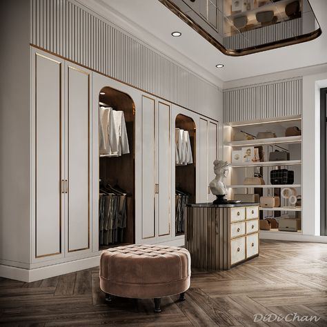 Modern Classic Walk In Closet, Classic Wardrobe Design, Wardrobe Decoration, Luxurious Walk In Closet, Neoclassical Interior Design, Wardrobe Essentials For Women, Luxury Ceiling Design, Wardrobe Organization, Dream Closet Design