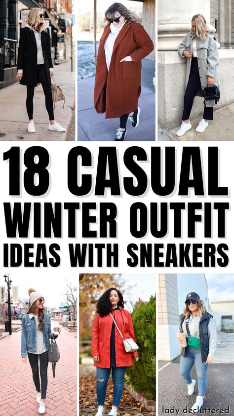 18 Casual Winter Outfit Ideas with Sneakers White Sneakers Outfit Winter Casual, Winter Outfit White Sneakers, Winter Outfit Tennis Shoes, Winter Casual Jeans Outfit, Sneaker Outfit Ideas For Women, Winter White Shoes Outfit, Nyc Winter Outfits Sneakers, Site Seeing Outfit Winter, Casual Date Night Outfit Winter Sneakers