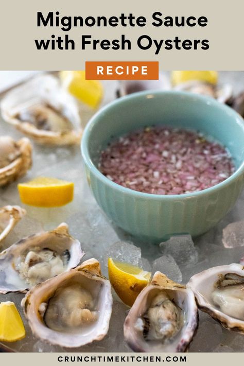 Mignonette Sauce makes a wonderful and simple topping for raw oysters! This tangy sauce bursting with shallots is a perfect match for fresh shucked oysters! crunchtimekitchen.com #oysters #mignonette #appetizers Oyster Minionette Sauce Recipes, Mignonette Recipe, Mignonette Sauce, Oyster Shucking, Seafood Ideas, Weekend Recipes, Oyster Roast, Fancy Appetizers, Seafood Sauce